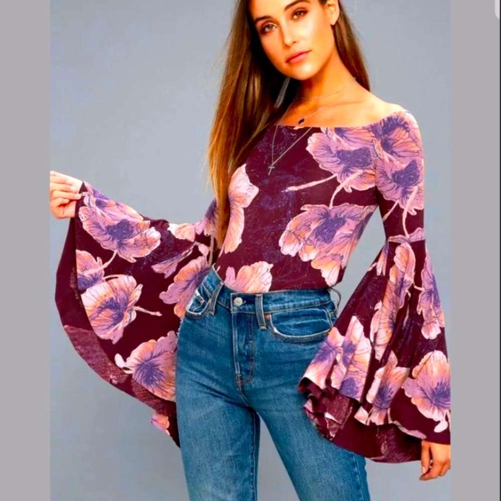 Free People Purple Floral Bell Sleeve Top